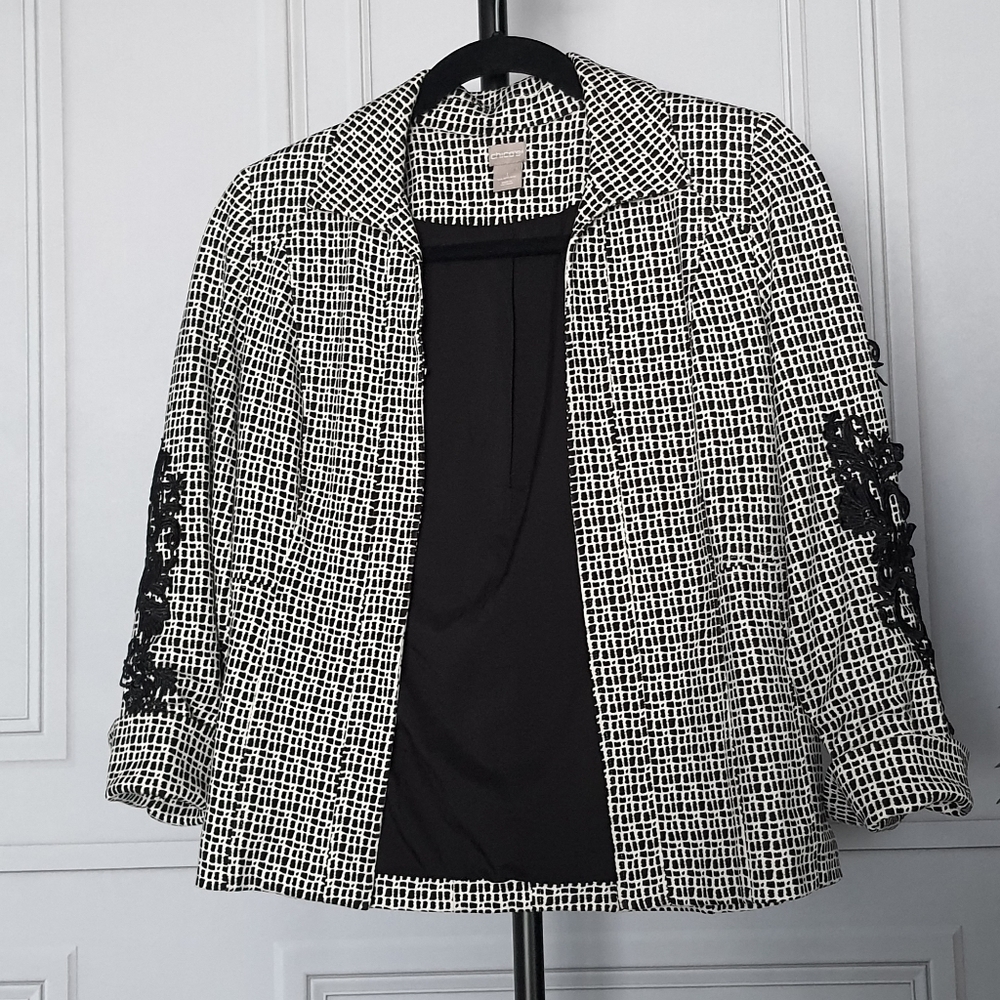 Chico's Blazer Jacket Black White Floral Business Casual Womens Sz 1 (8/10) - Picture 2 of 11